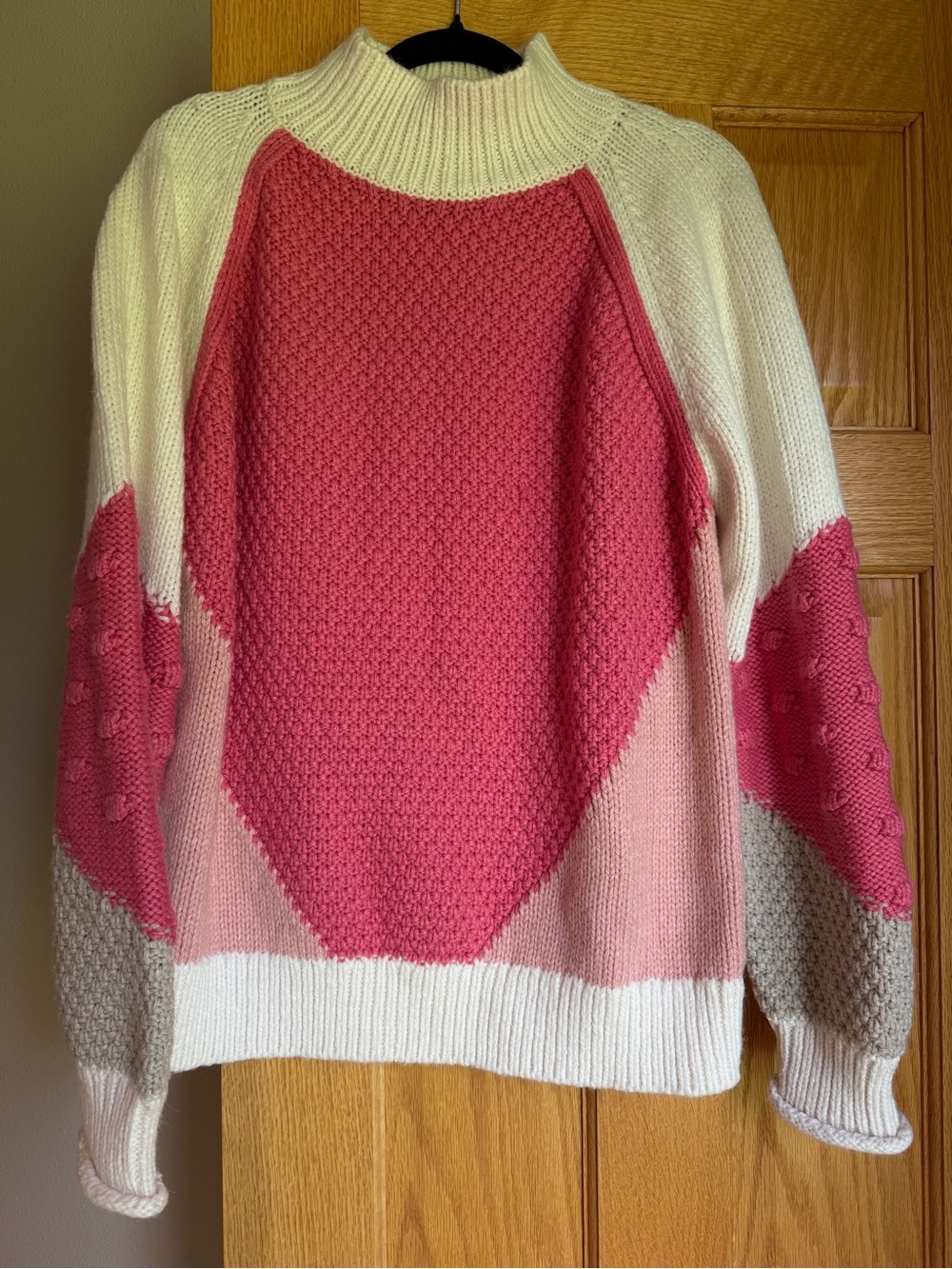 LOFT Colorblock Mixed Stitch Mock Neck Pullover Sweater Pink Cream Women’s Large
